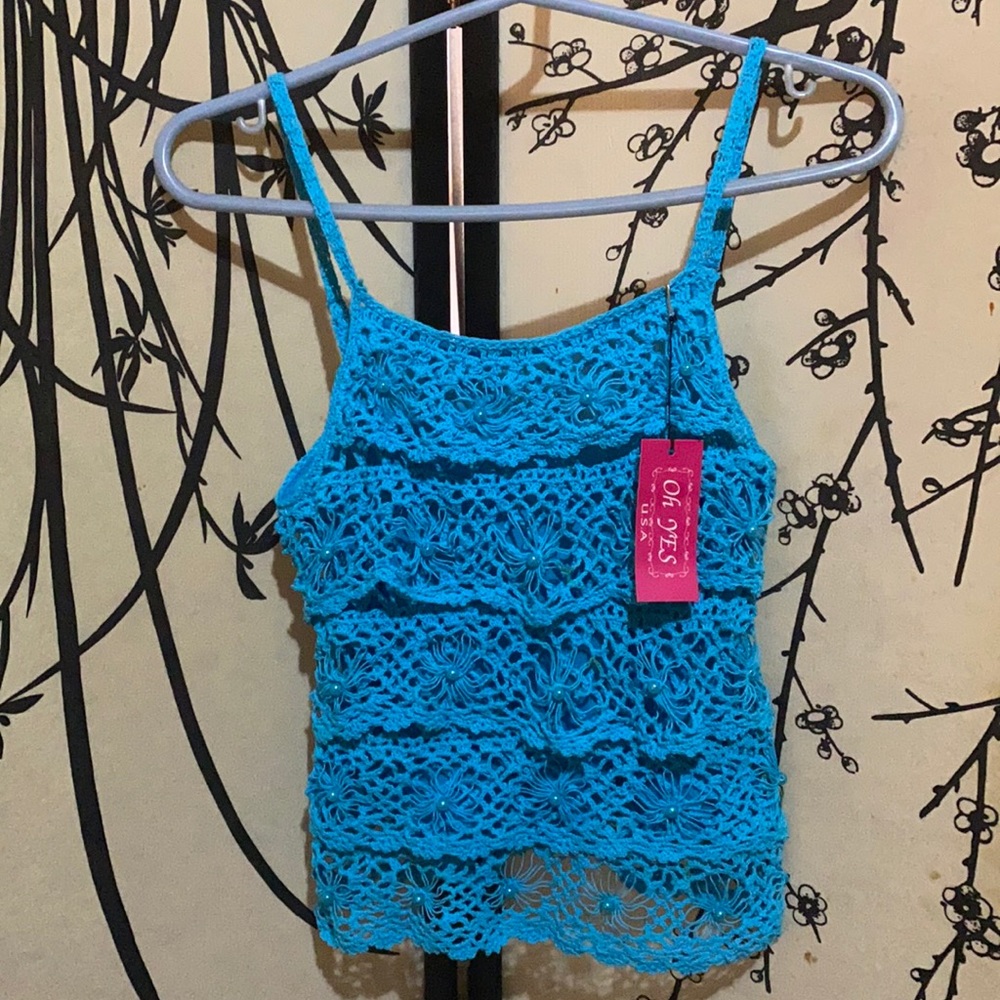 Oh Yes Women’s Tropical Turquoise Crochet Layered Hollow Out Knitted Cami W/Bead